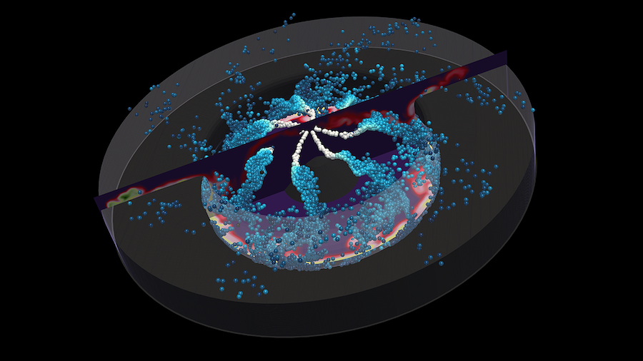 A new supercomputer will give scientists a powerful tool for simulations such as this one, which models what’s going on inside a diesel engine’s combustion chamber at the molecular level. (Joseph Insley/Argonne)